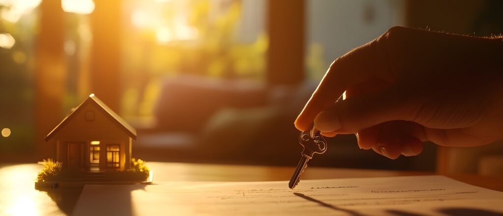 Small House with a handing holding a key and a sunset in the background